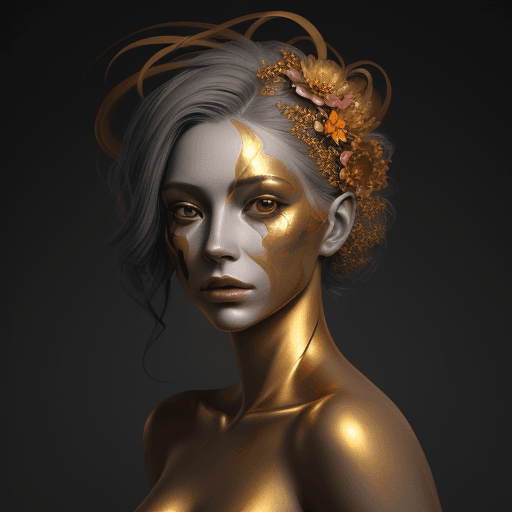 AI generated: the woman's face was painted with golden, in the style of nature-inspired compositions, dark gray, l...