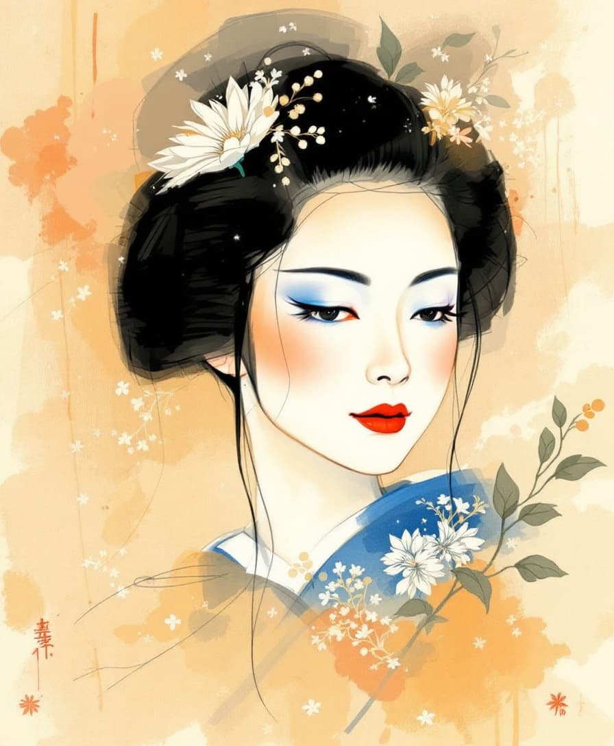 AI generated: Warm blue and white Geisha, charcoal sketch with white

highlights --ar 3:2 --v 6.0