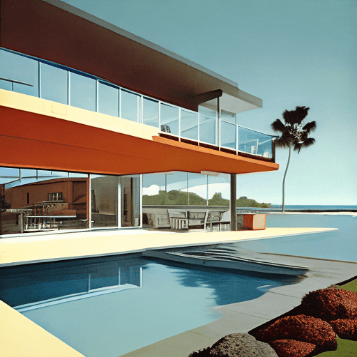 AI generated: Hyper realistic eye level exterior photo of a mid century modern style house overlooking the ocean, ...