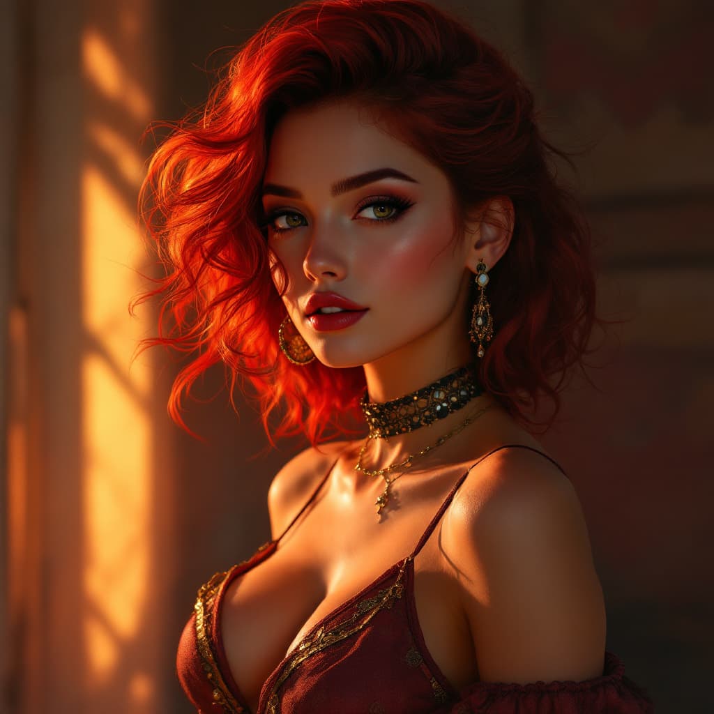 AI generated: A hyperrealistic digital painting of a woman with fiery red hair, olive skin, and a stylish top, glo...
