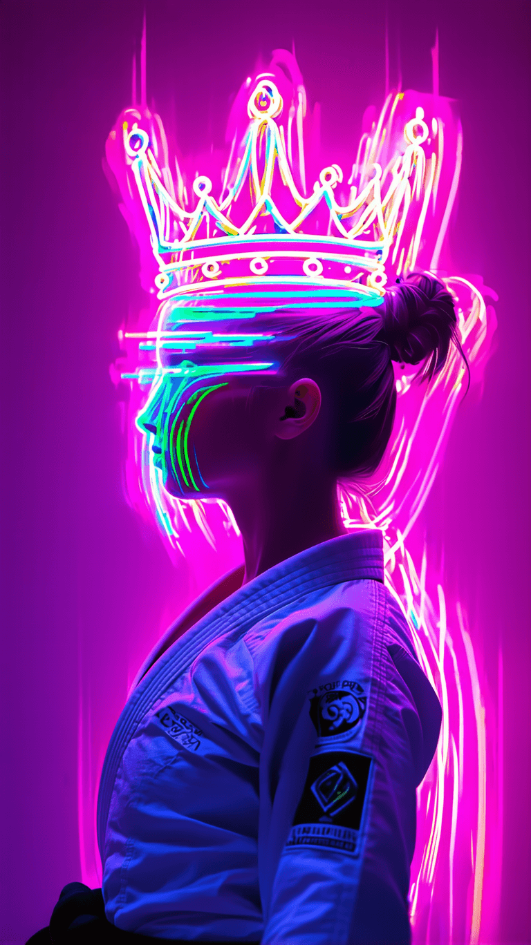 AI generated: A female jiu-jitsu athlete captured in a dynamic back pose, surrounded by graffiti-style motion trai...
