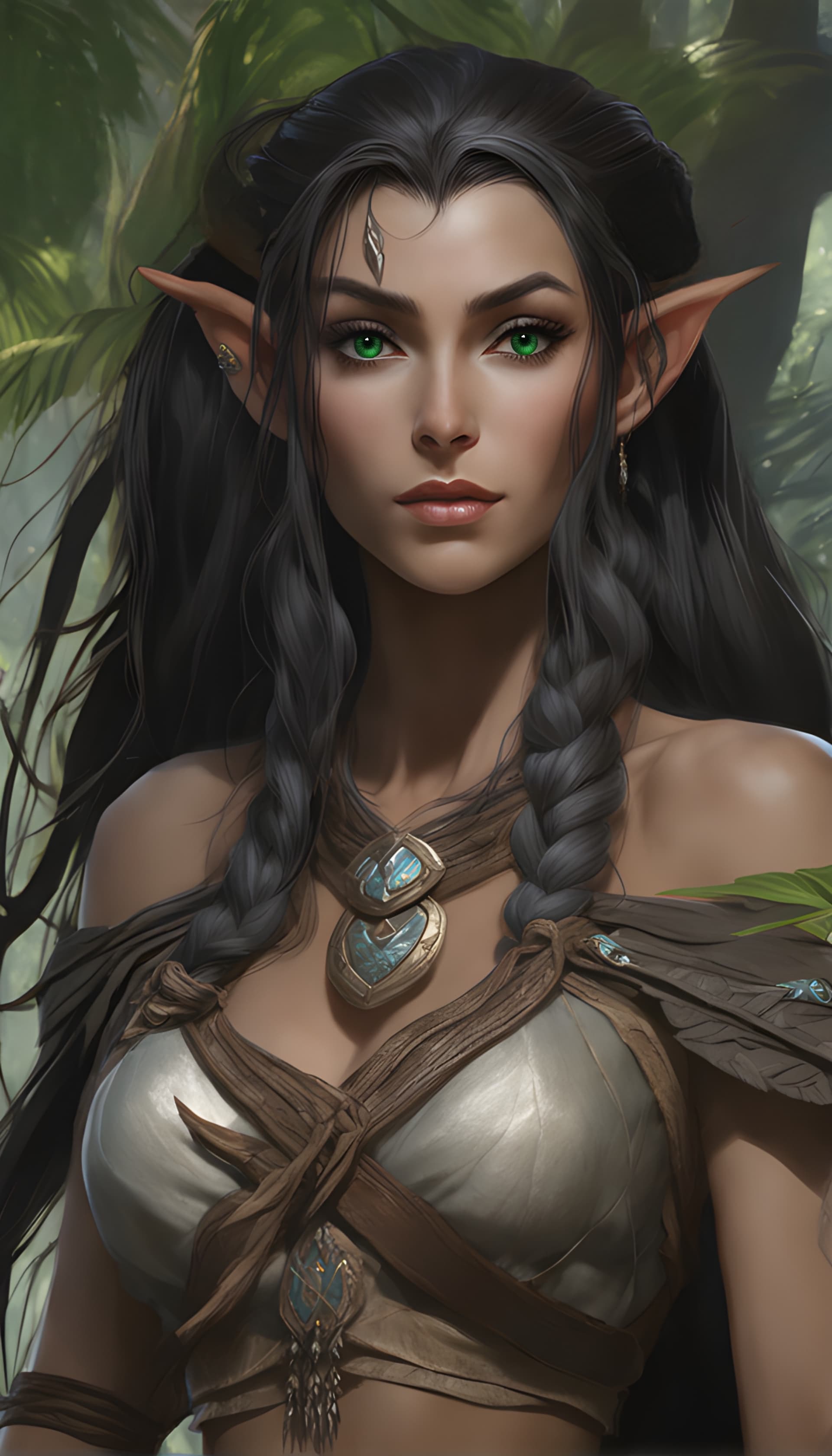 AI generated: Massive detailed animated masterpiece of DnD race wood elf, jungle huntress lady full body, very lon...