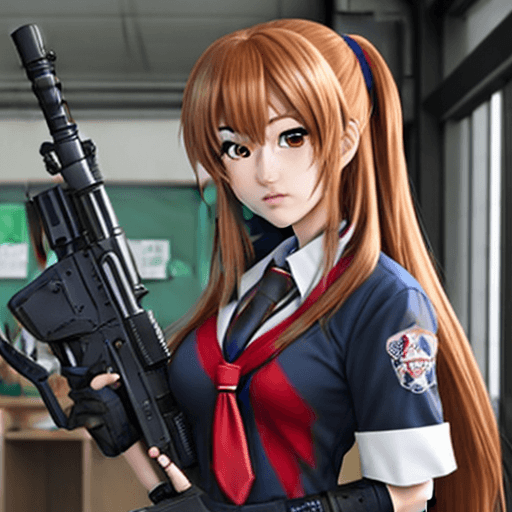 AI generated: taiga aisaka, anime style, school uniform, long hair, ASMD shock rifle, Unreal Tournament.