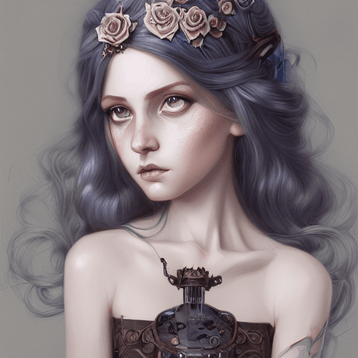 AI generated: a girl  young queen, gótic dark, white hair, realistic, ornamentals, steampunk victorian style, past...