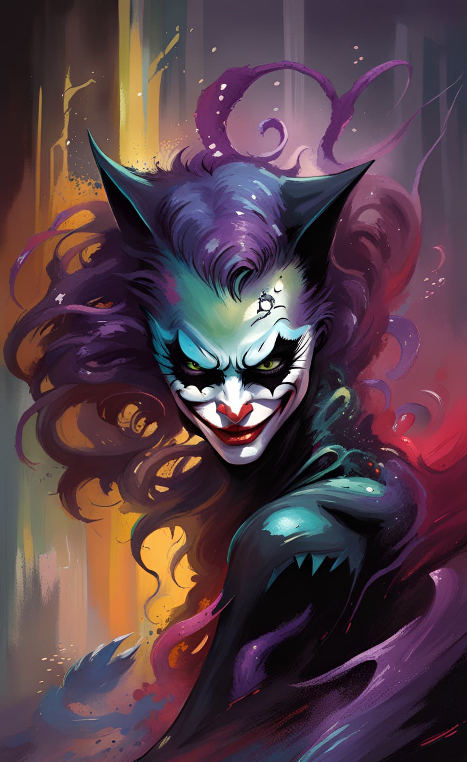 AI generated: Insane art poster portrait of Cat-woman as The Joker, the dark night rises, in an action aggressive ...