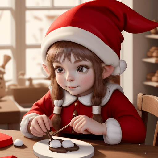 AI generated: cute gnome girl in a red cap is preparing cookies for the new year. She's trying really hard