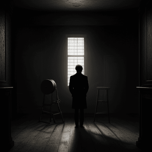 AI generated: a realistic and historical scene of a person standing alone in a dimly lit room, overwhelmed, with t...