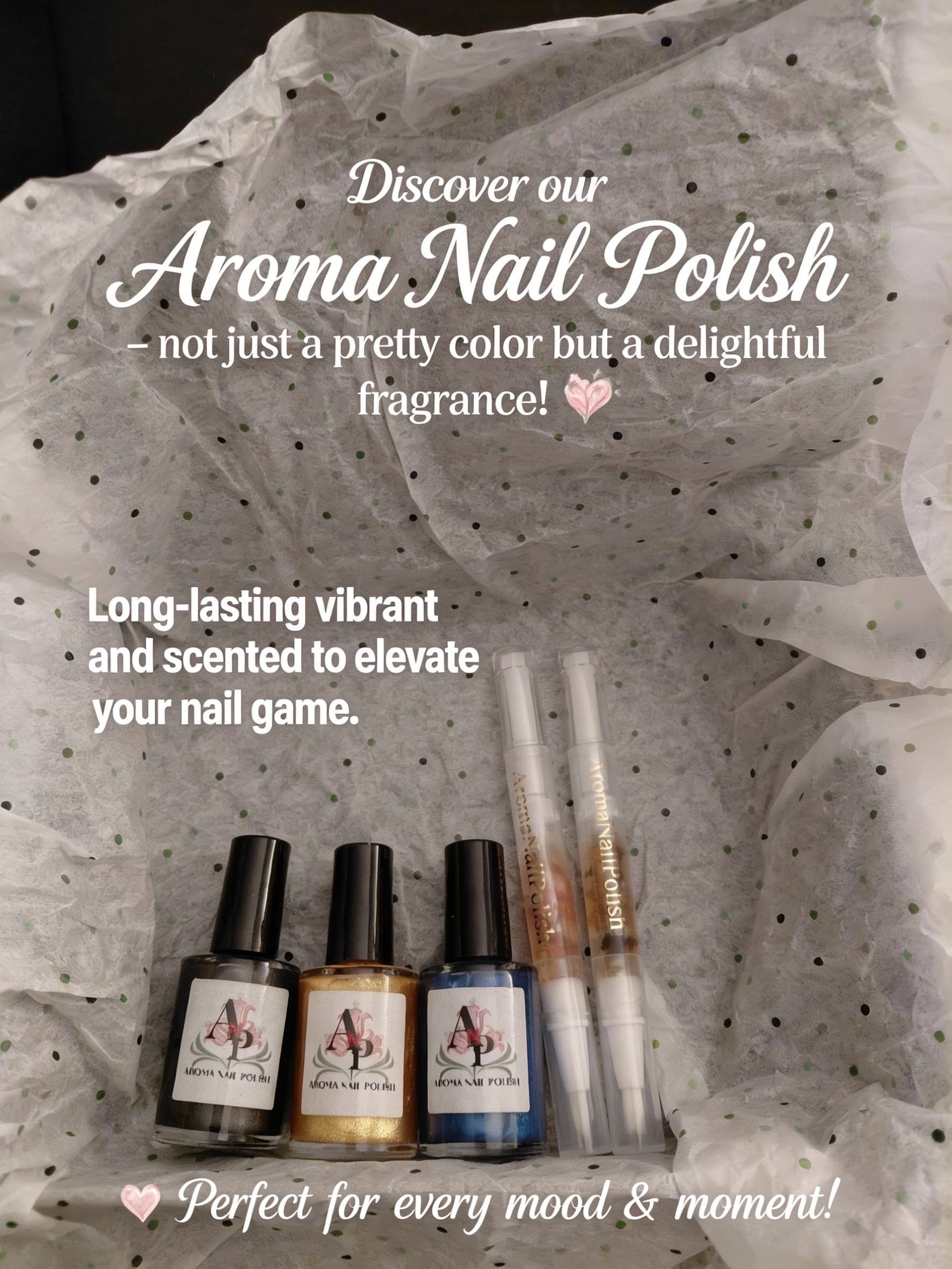 AI generated: Discover our Aroma Nail Polish – not just a pretty color  but a delightful fragrance! 💅🌸
Long-last...