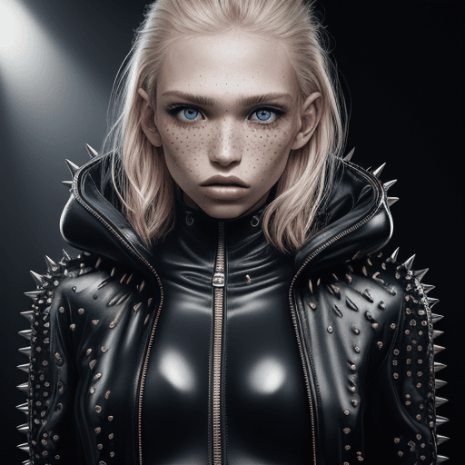AI generated: posing wearing(( inflated leather inflated spiked inflated jacket)) ,(volumetric hoody inside style)...