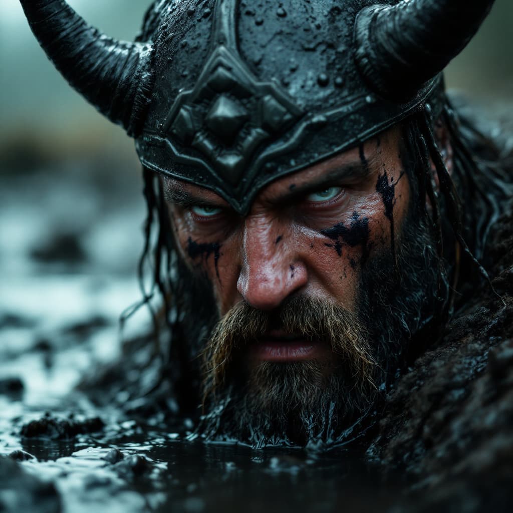 AI generated: Close-up of Viking King emerging from wet black mud :: Dark metal helmet with two large black horns ...