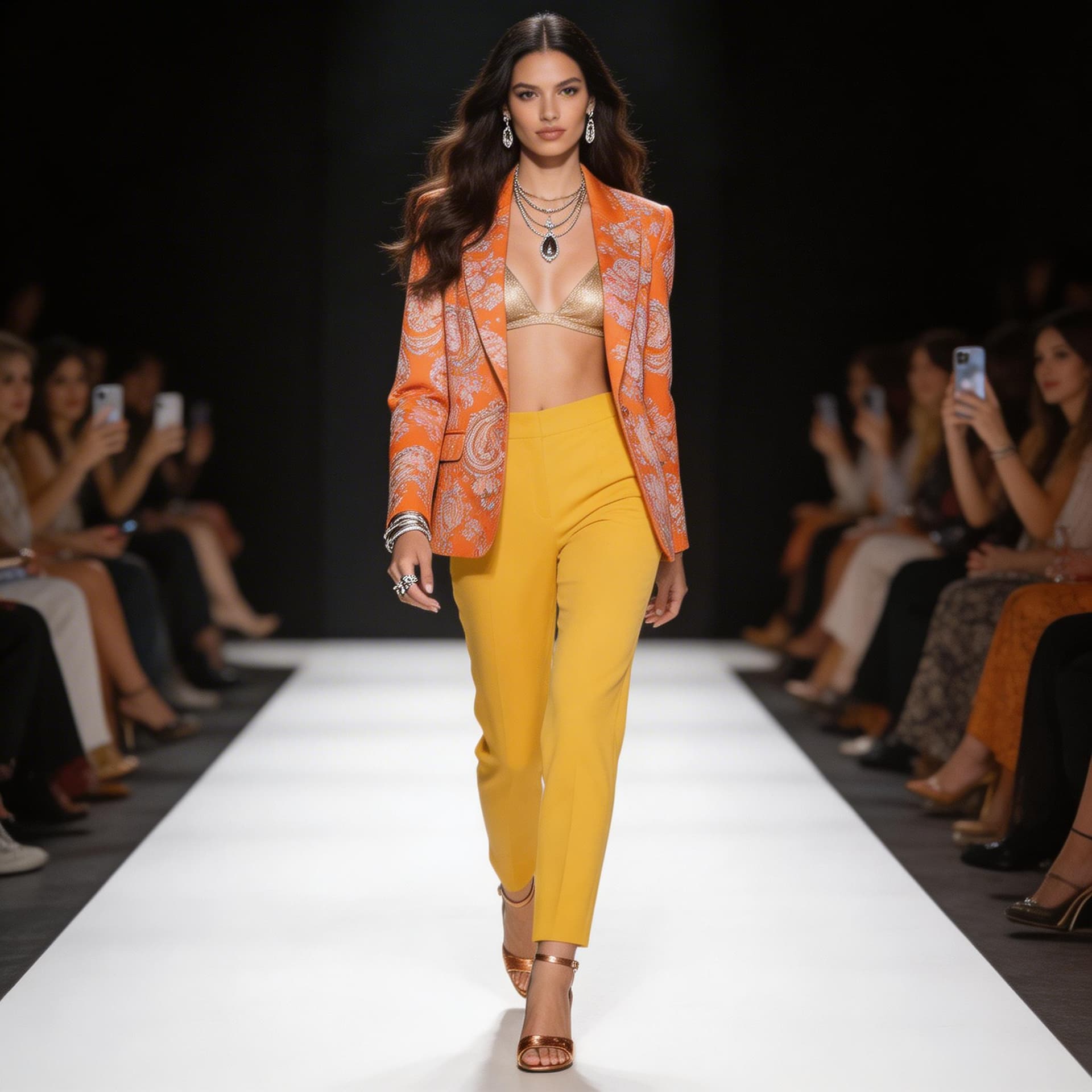 AI generated: A fashion model confidently walks down a runway, showcasing a vibrant orange patterned blazer and br...