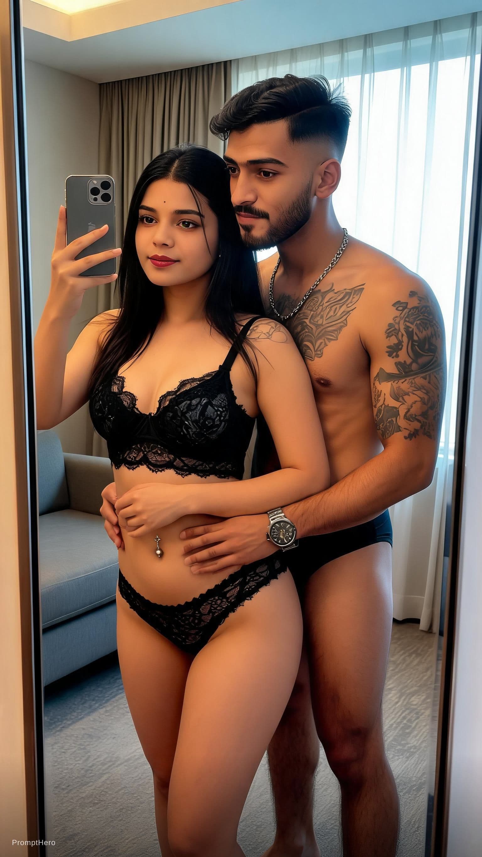 AI generated: The image shows two adults posing together in front of a mirror in an indoor room. A woman stands in...