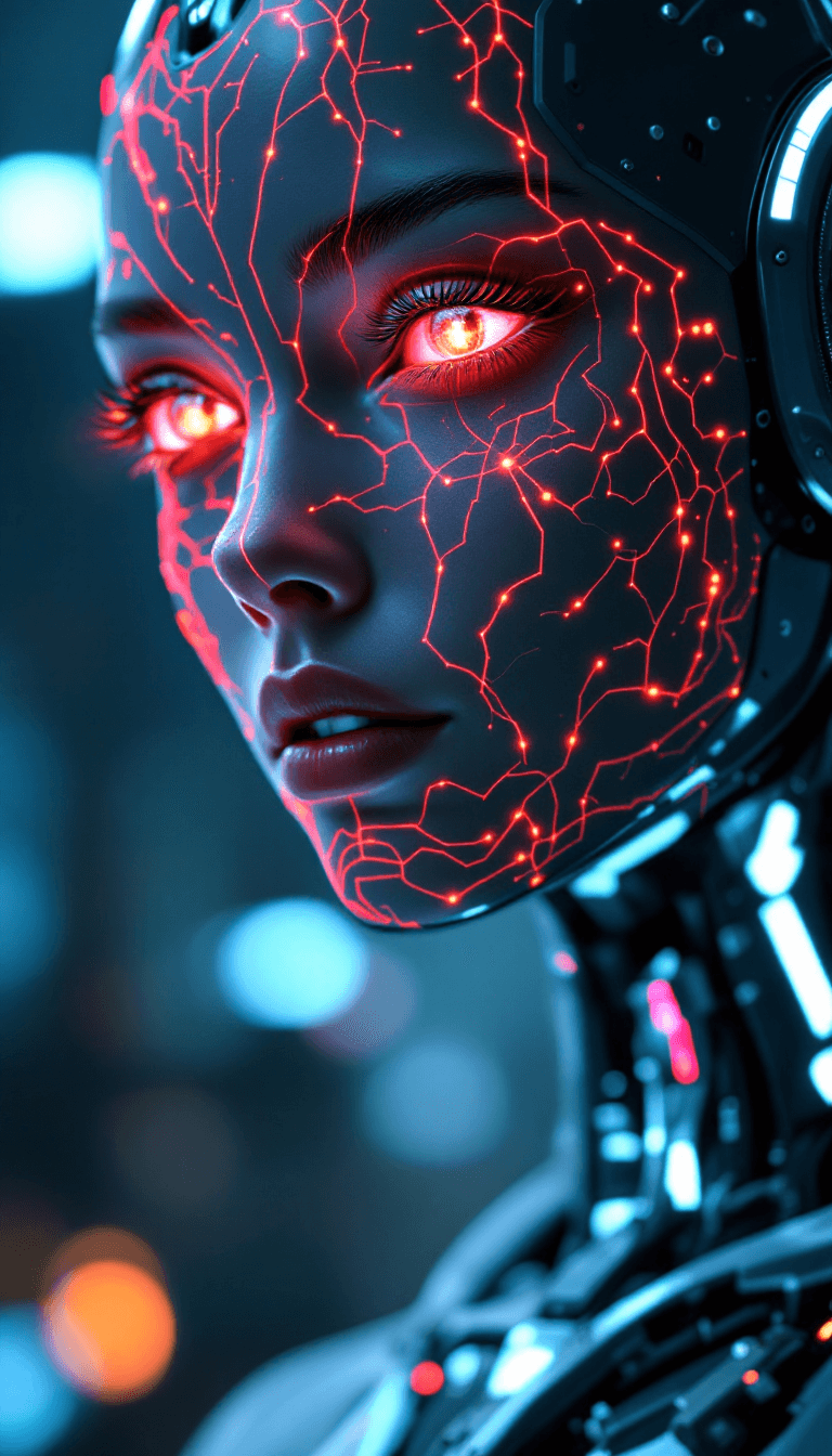 AI generated: A detailed image of a cybernetically enhanced humanoid robot, designed to mimic a female form in a 2...