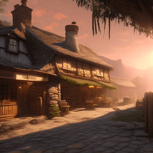 AI generated: Photo of a ultra realistic old tavern, dramatic light, pale sunrise, cinematic lighting, battered, l...