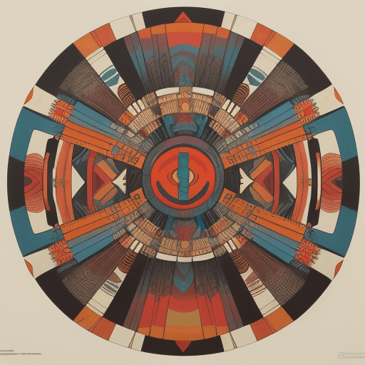 AI generated: Color lithograph of Native American designs illustrated in the combined styles of Diego Rivera and Y...