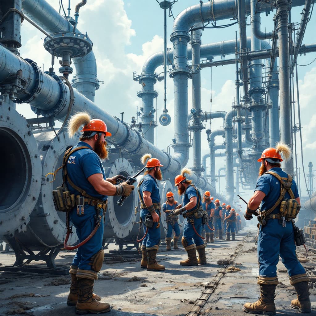 AI generated:  lots Attractive and Fit viking 'Pipe valves' (Blue text logo with red pipe underline) workers weari...