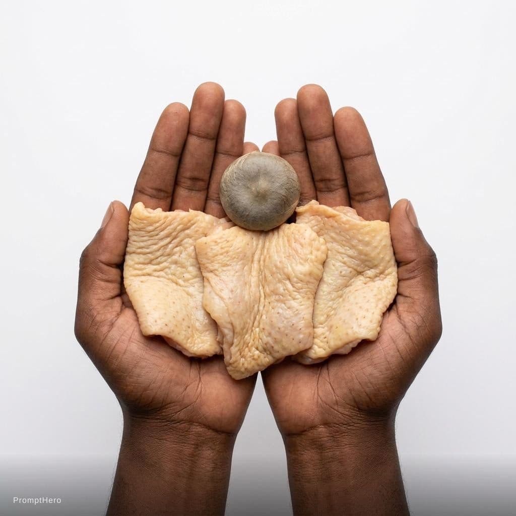 AI generated: black hands holding three pieces of chicken skin raw  and a poison nut. front view symmetrical camer...