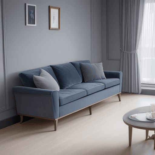 AI generated: Photograph a contemporary living room, soft light of dusk, integration wood flooring, soothing grey ...