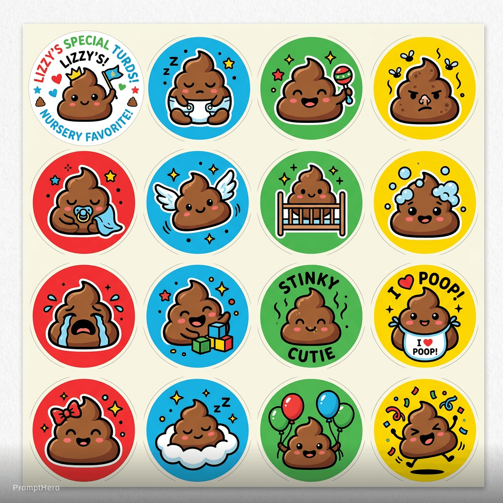 AI generated: Circular stickers, logo reads "Lizzy's Special Turds!", nursery themed, cute, stinky, poop,red green...