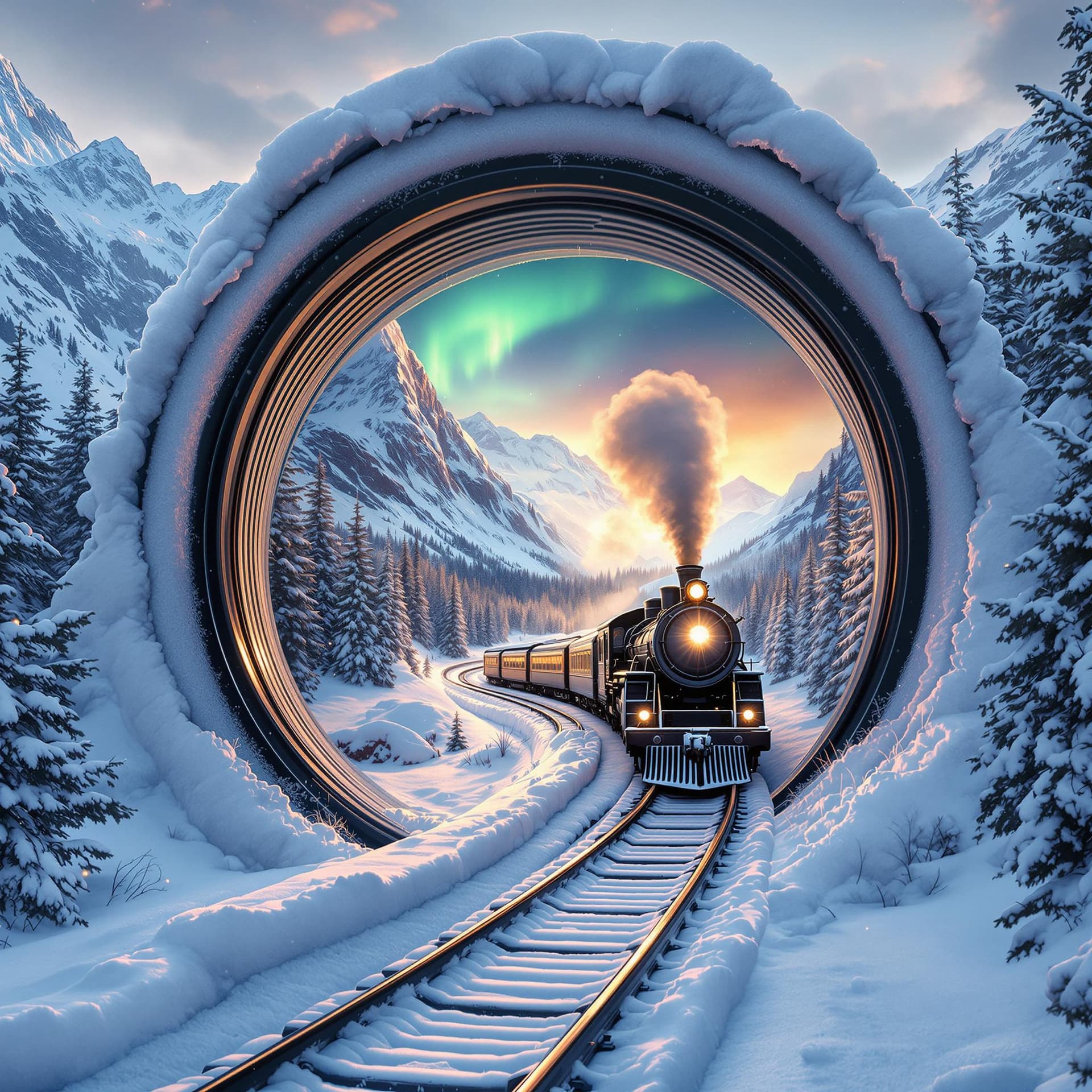AI generated: Large, snow-covered camera lens encompassing a winter landscape.  Inside the lens, a steam train tra...