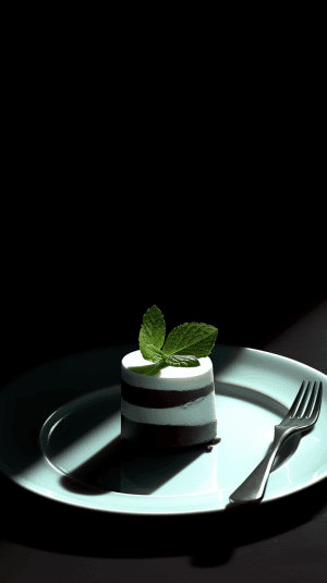 AI generated: Minimalist photography, glossy black table, with a single piece of exquisite dessert and a dash of f...