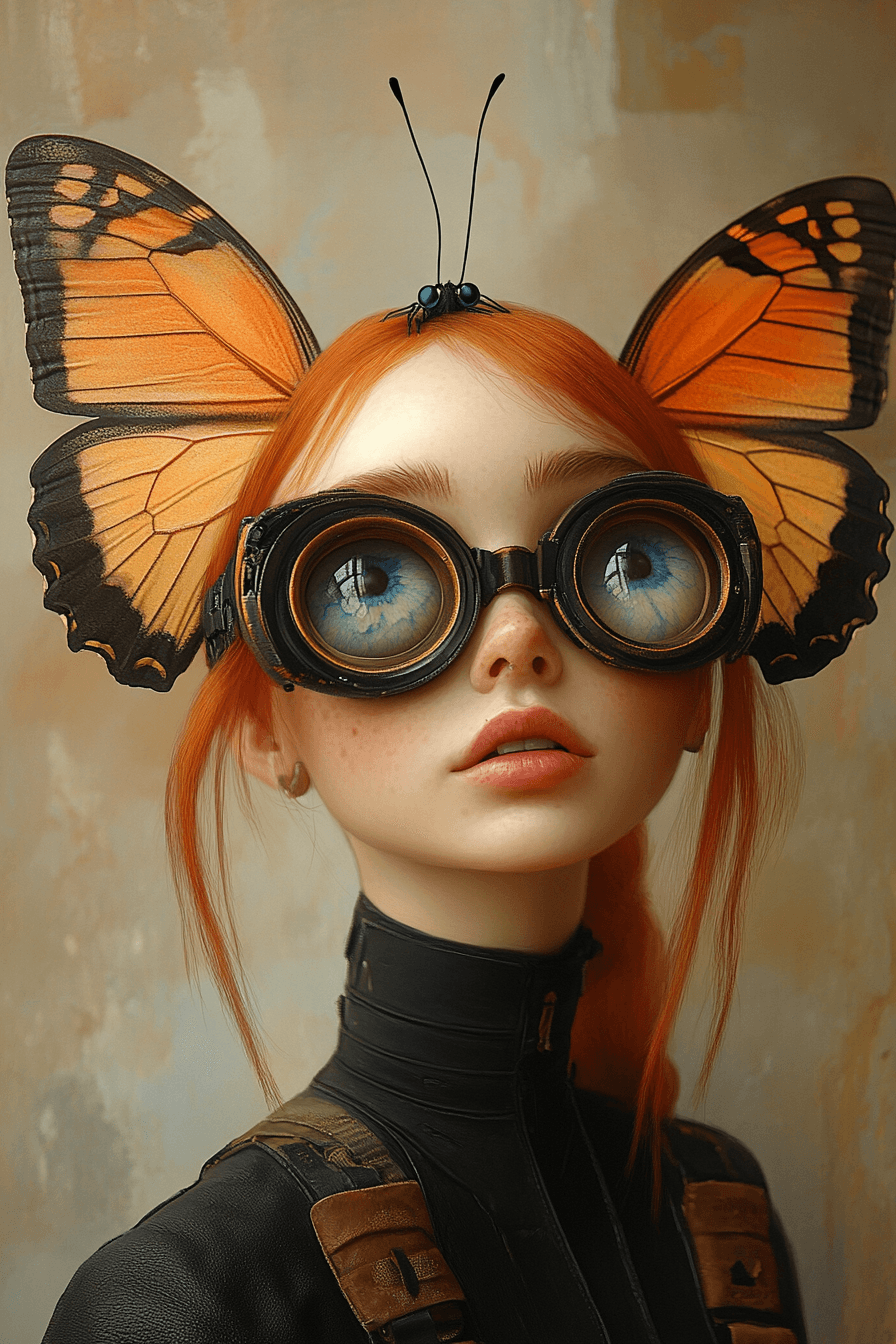 AI generated: Abstract full length surreal portrait of a heavily tattooed butterfly- head young woman. She has hug...