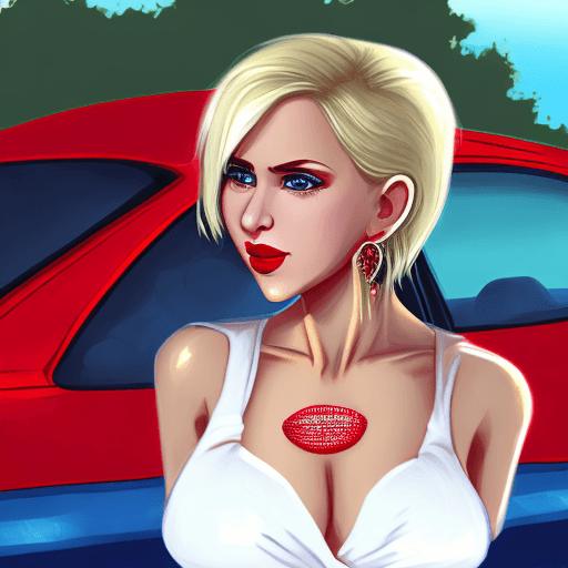 AI generated: 1girl, breasts, dress, blonde_hair, car, large_breasts, white_dress, lipstick, makeup, short_hair, c...
