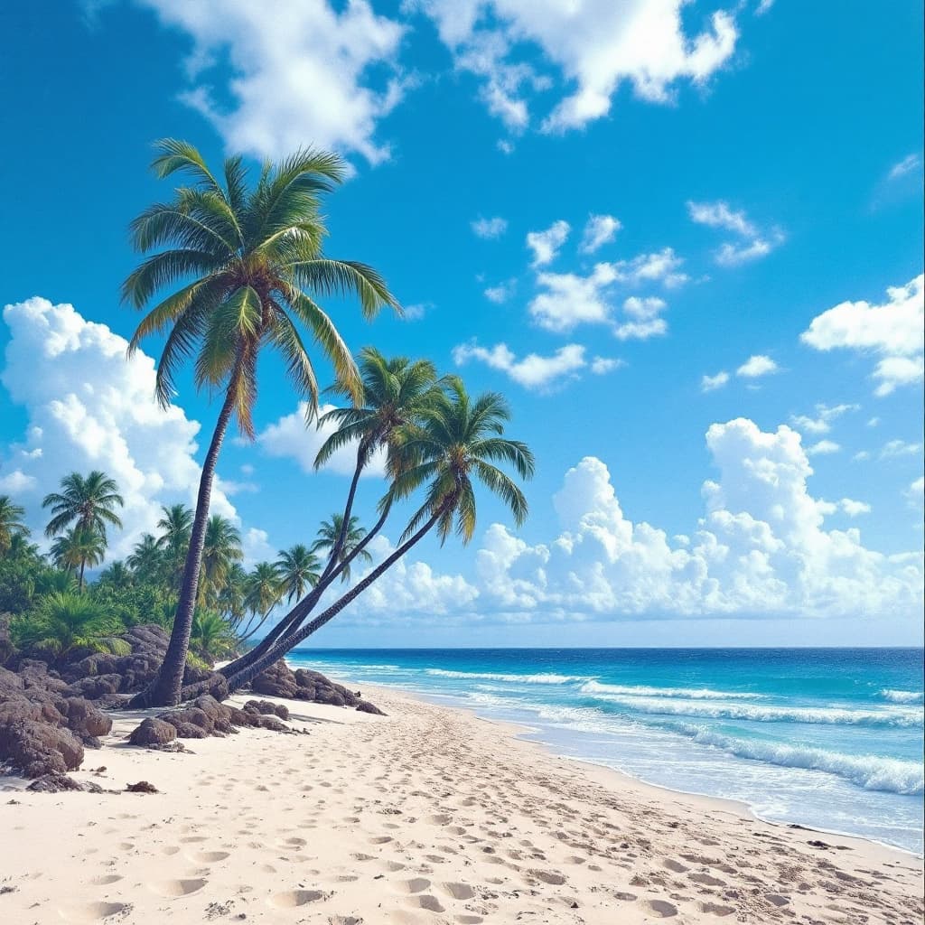 AI generated: plage deserte , le ciel bleu et des palmiers , sable blanc