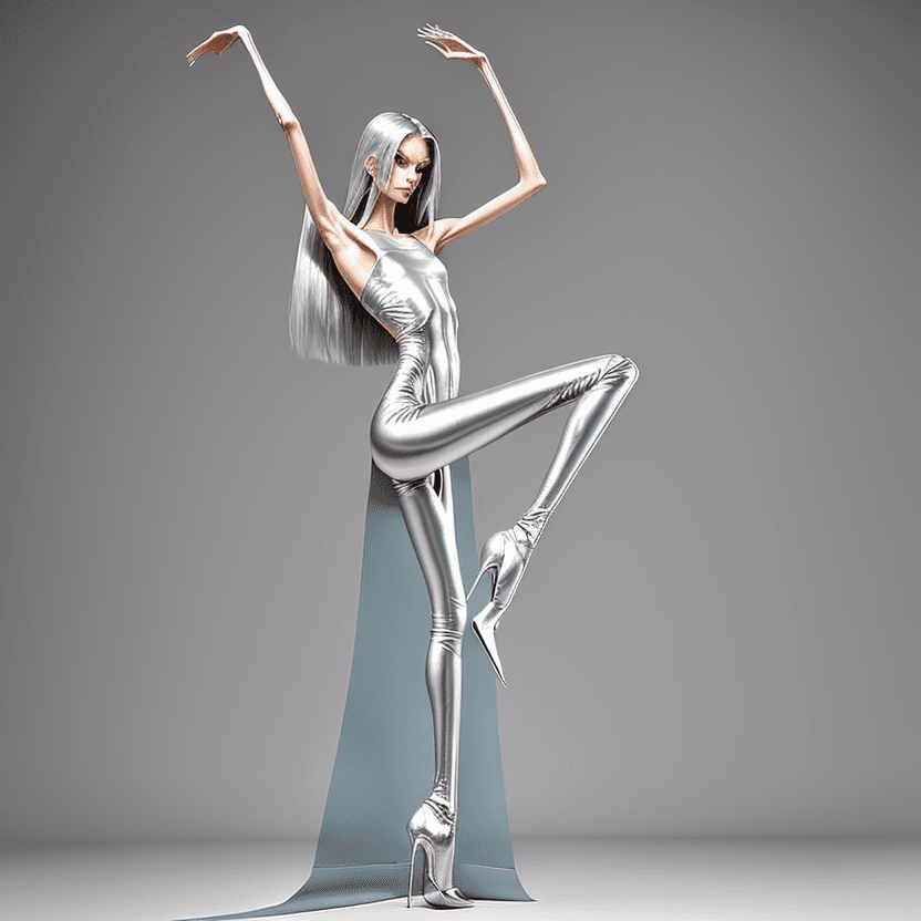 AI generated: photo of an extremely skinny, flat-chested model with extreme long and skinny legs with extreme long...