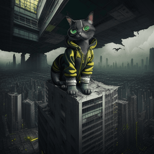 AI generated: supperrealism, Anthropomorphic cute Cybernetic cat wearing Adidas jacket and sneakers, crow around, ...