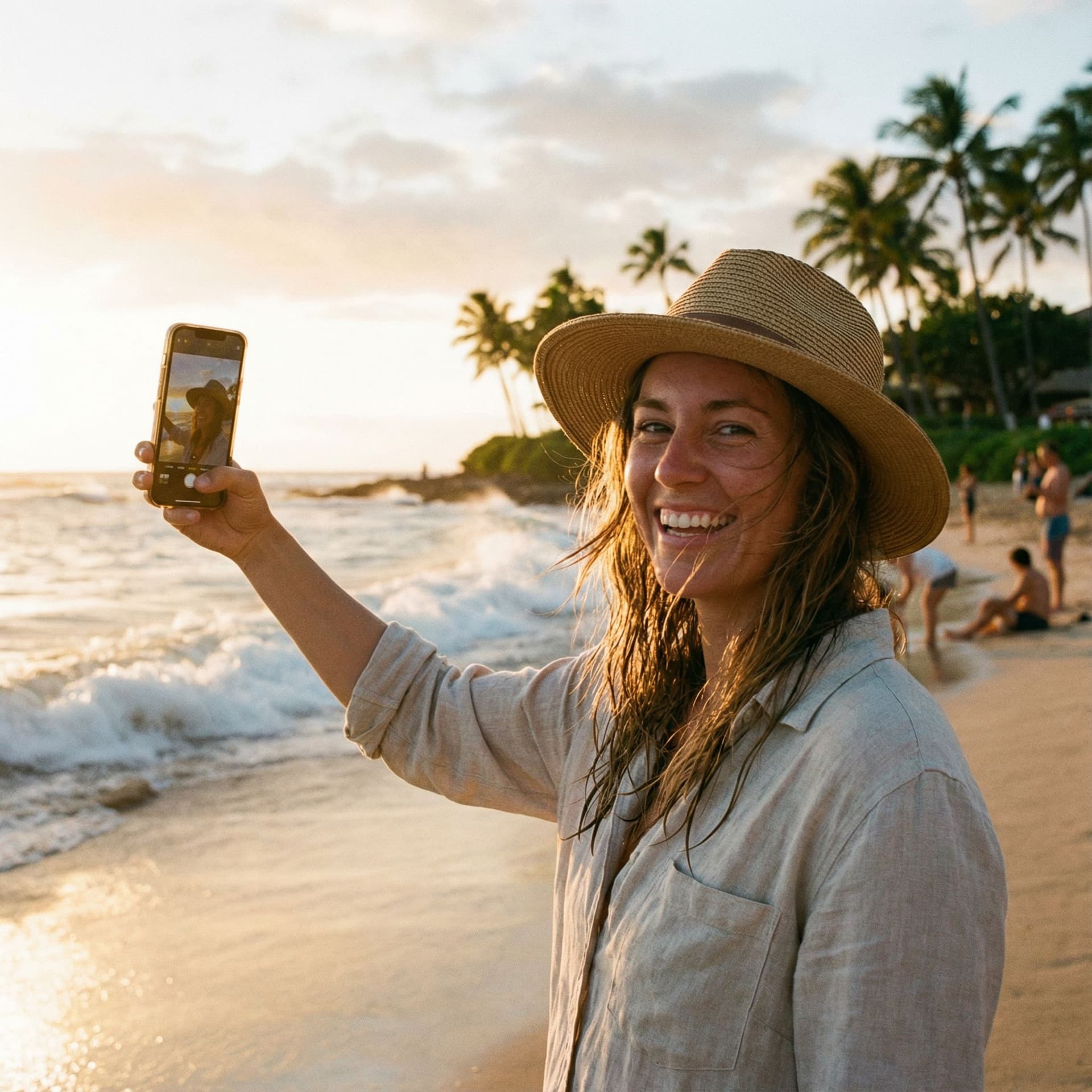 AI generated: Uma mulher tirando uma selfie na praia
