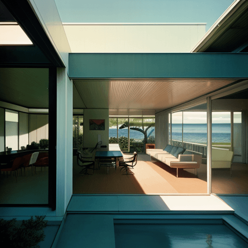 AI generated: Hyper realistic eye level exterior photo of a mid century modern style house overlooking the ocean, ...