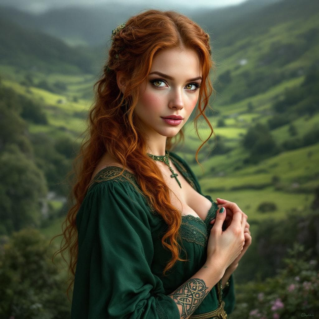 AI generated: fine arts portrait of an absolutely gorgeous, Celtic woman, dressed in forest green Celtic clothing....