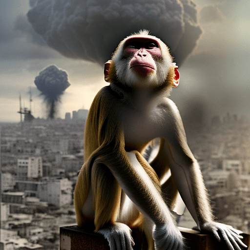 AI generated: hyperrealistic monkey smoking cigarettes during war, he is sittin on big bombs, in the background ta...