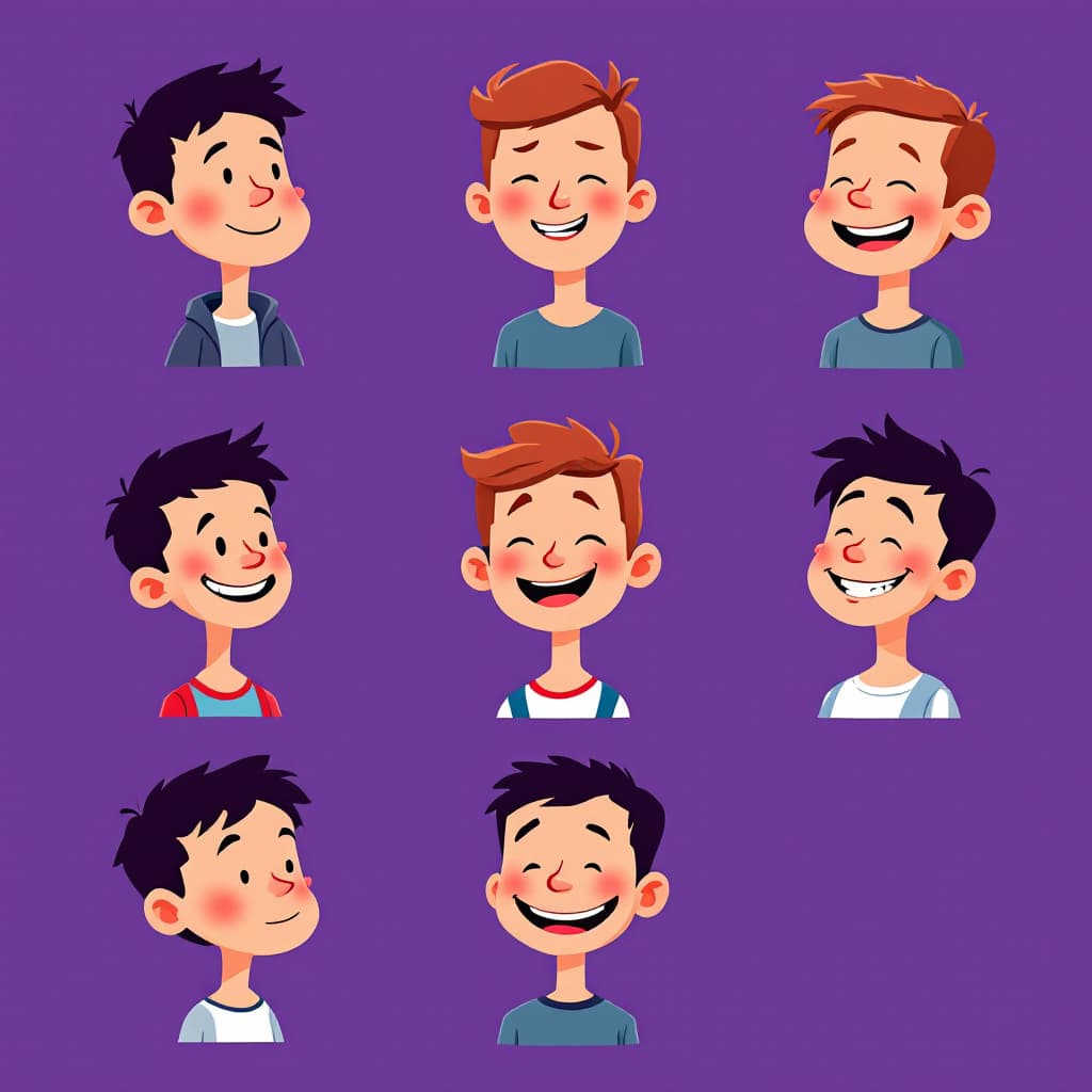 AI generated: illustration art, series of simple and colorful illustrations, boy, smile, exaggerated features, cha...