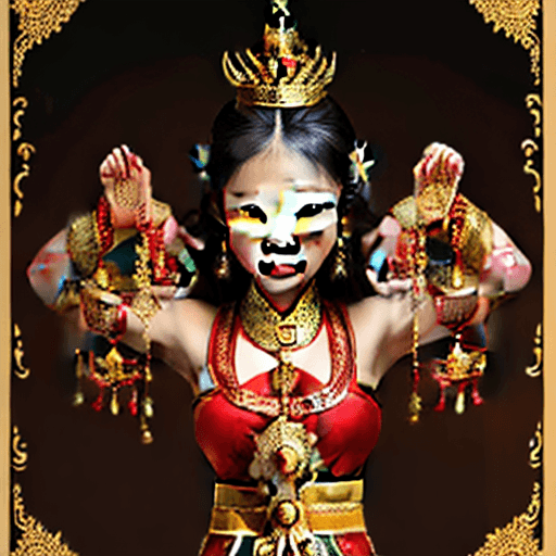 AI generated: The image shows a woman wearing a traditional Thai costume, adorned with ornaments and a crown on he...