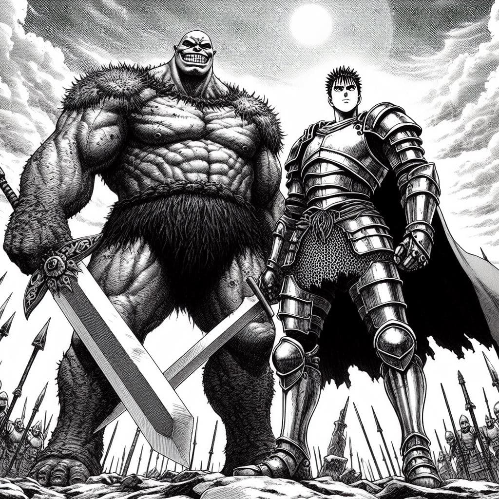 AI generated: guts and Shrek heroic poses Manga berserk drawing style, black and white sky high level of details