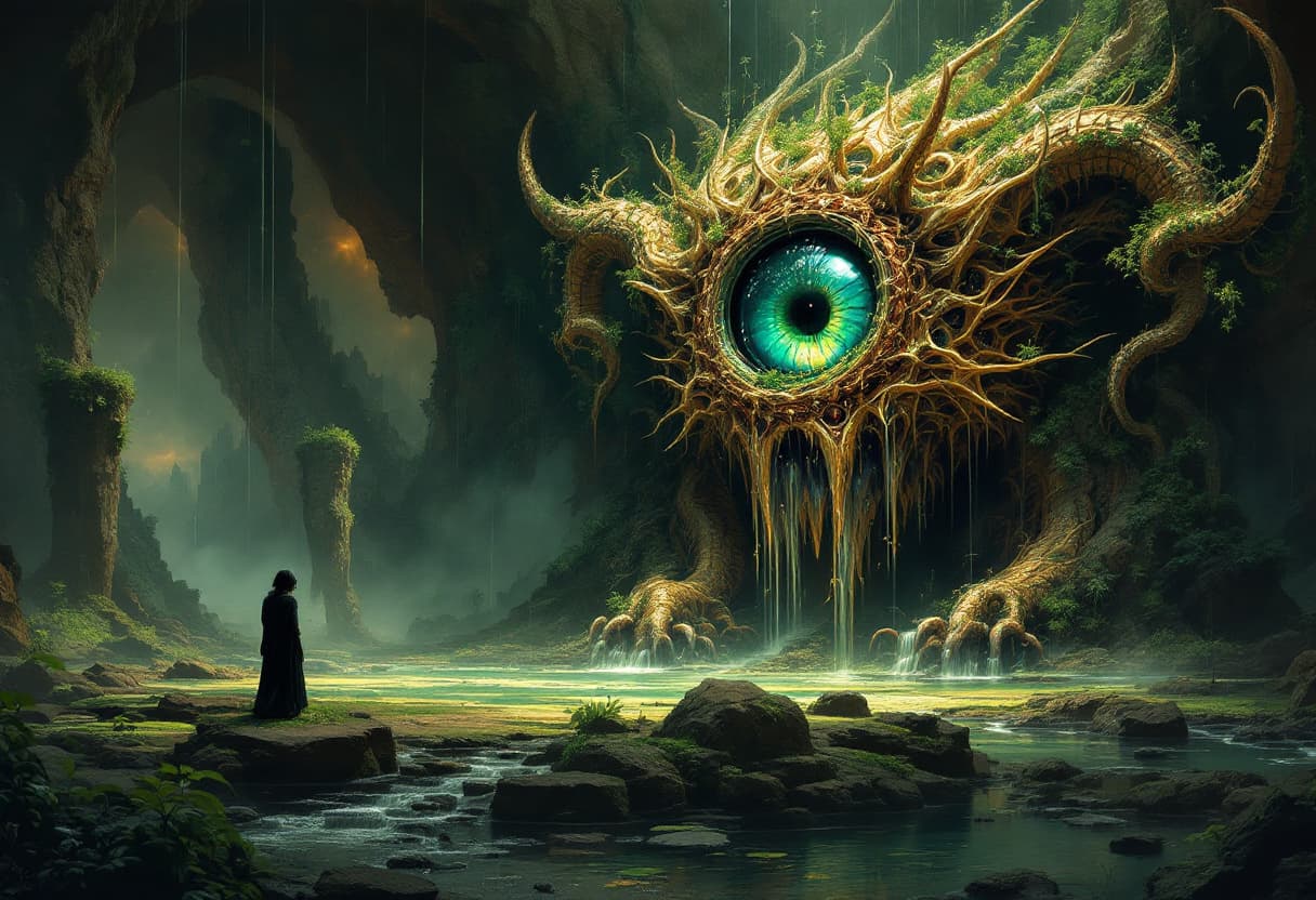 AI generated: Panopticon chaines dragon: Fantasy on the theme of dreams, unreal dramatic city in the form of a lar...