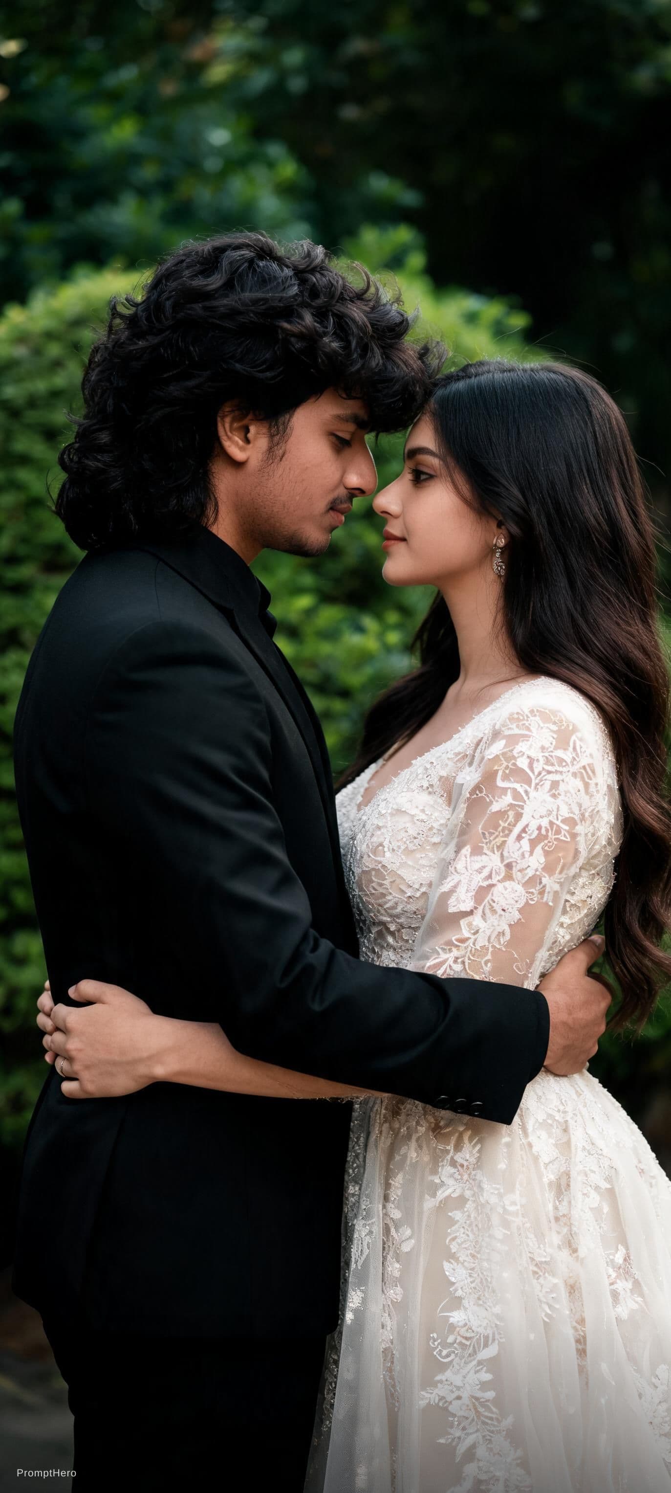 AI generated: A couple stands closely together in an intimate pose, surrounded by natural greenery. The man has a ...