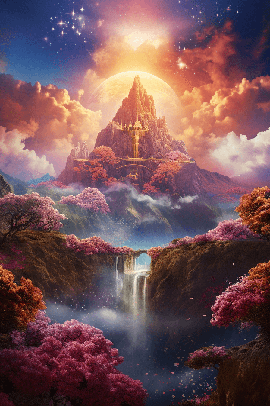 AI generated: A beautiful painting of a glorious place where love conquers all, the sky opens up to the great univ...