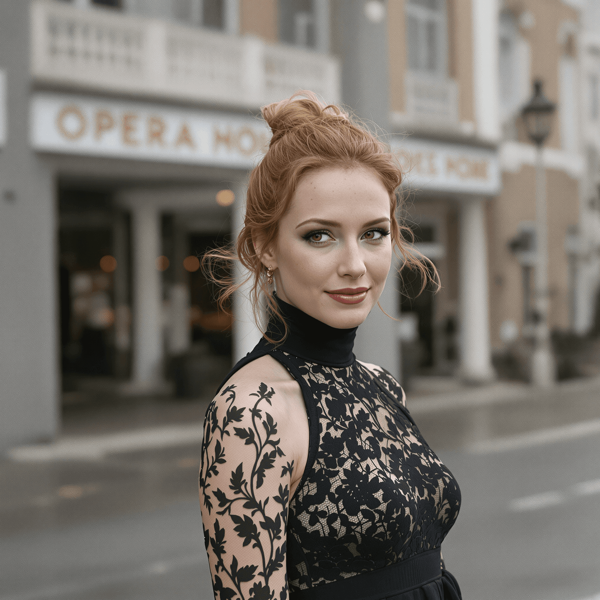 AI generated: "High-resolution photograph of a slim, 30-year-old redheaded European woman, radiating a shy yet all...
