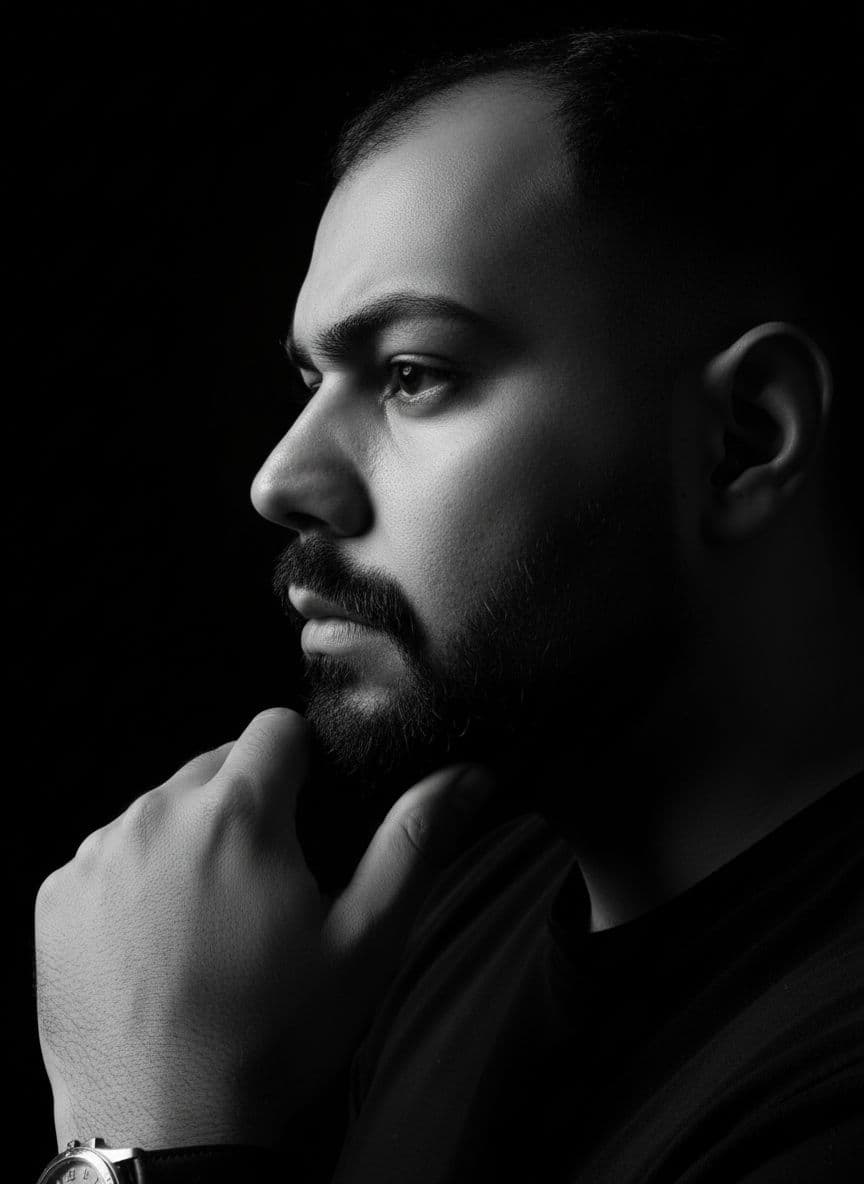 AI generated: photography, monochrome, front view, evoking the starkness of classic noir with an intimate, psychol...