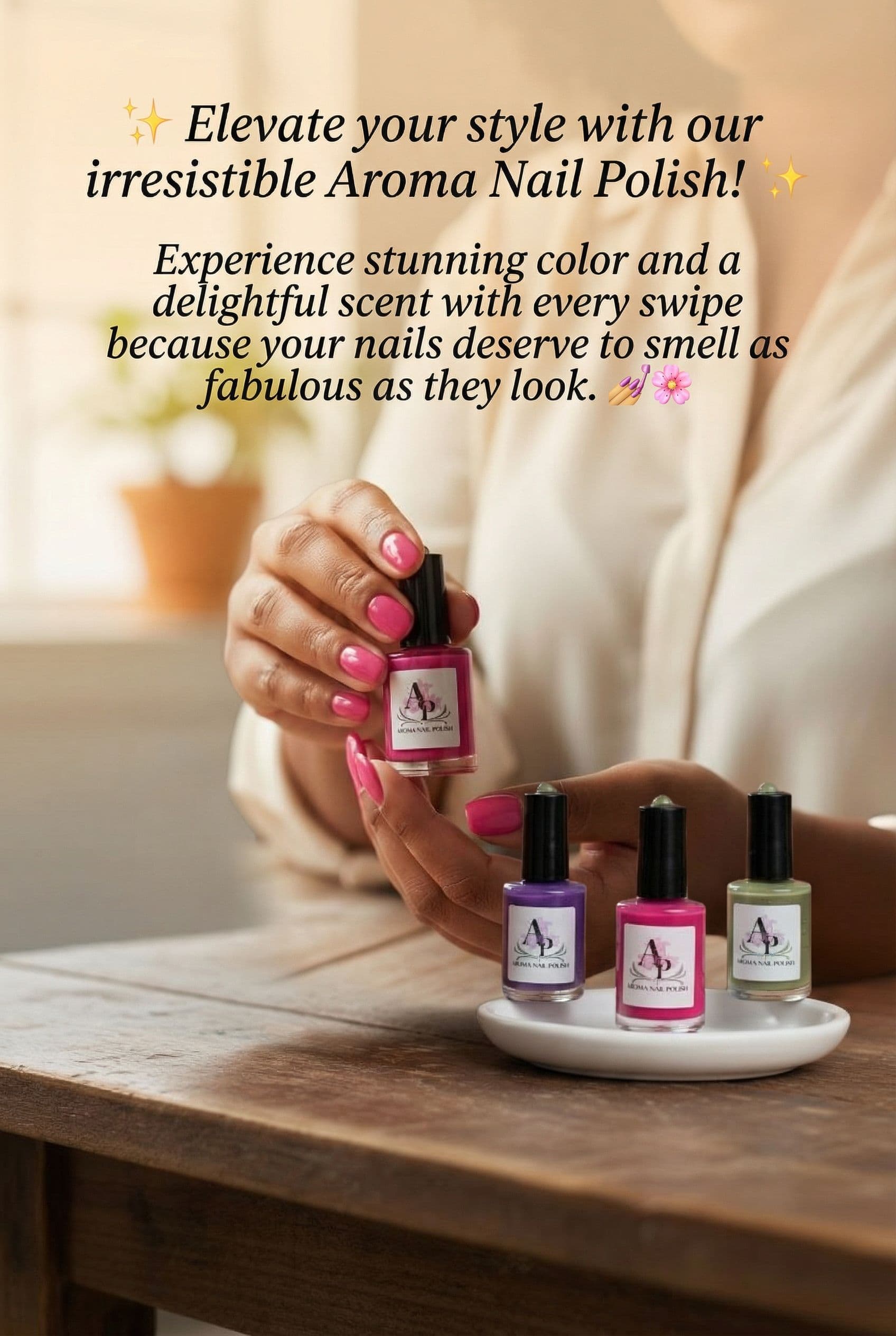 AI generated: ✨ Elevate your style with our irresistible Aroma Nail Polish! ✨ Experience stunning color and a deli...