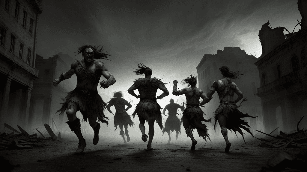 AI generated: Warriors dressed as old warriors, running away from a ruined deserted city at night, action, horror,...