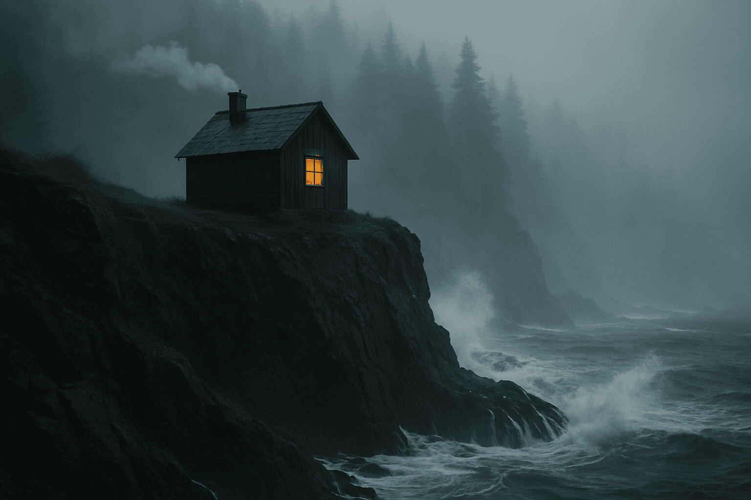 AI generated: A small, dark wooden cabin with a pitched roof and a smoking chimney, perched on the edge of a steep...