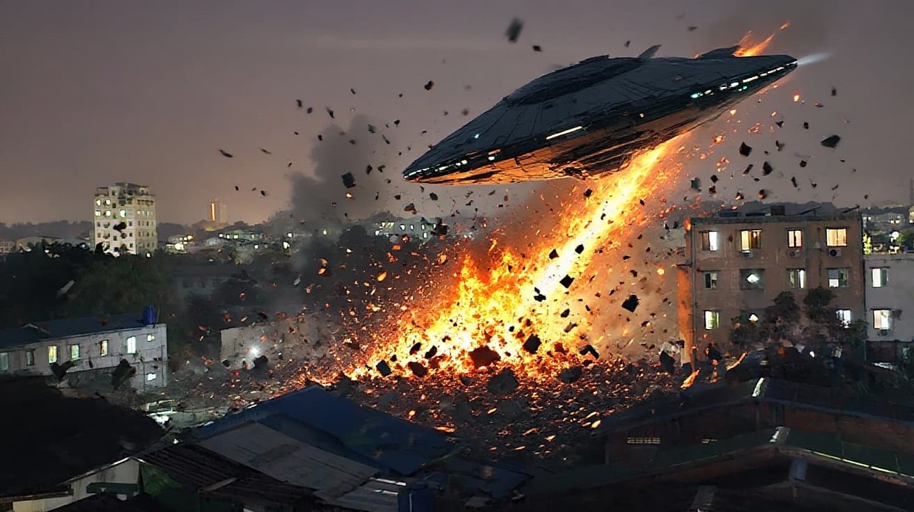 AI generated: Generate a photo with alien's spaceship strike building with huge weapon and all thing on earth are ...