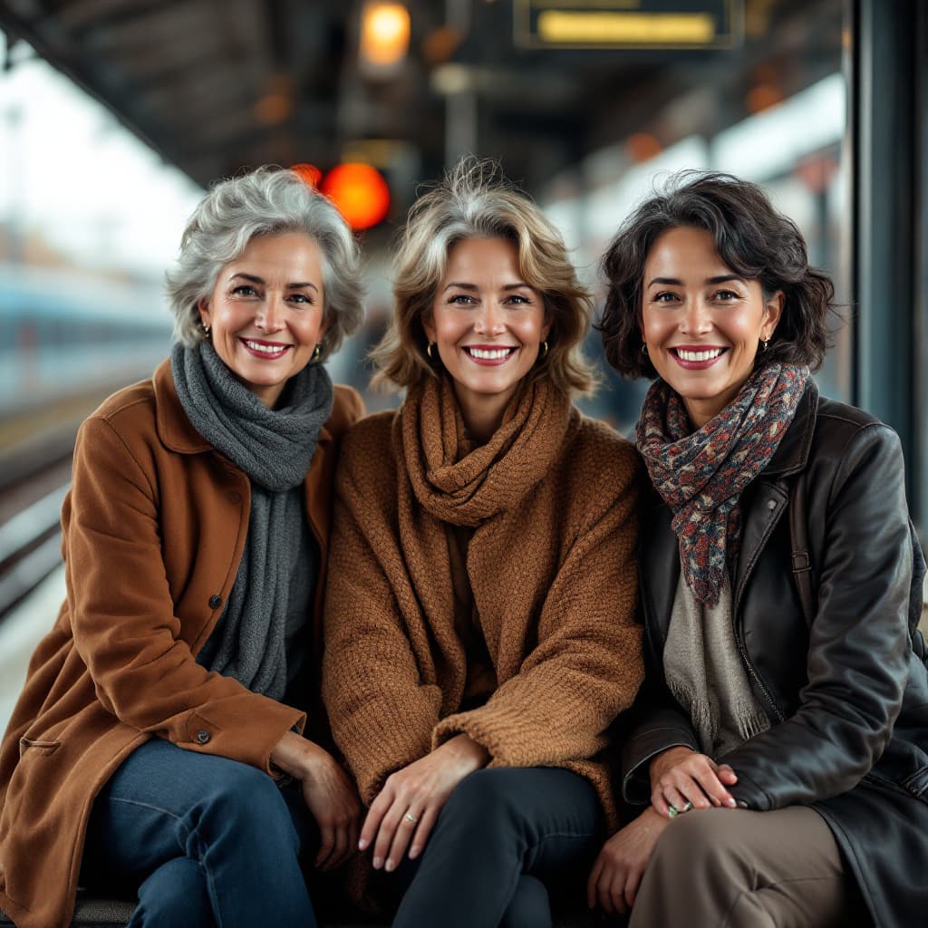 AI generated: 3 good looking mature women with a different body type, hair color and ethnicity. They sit next to e...