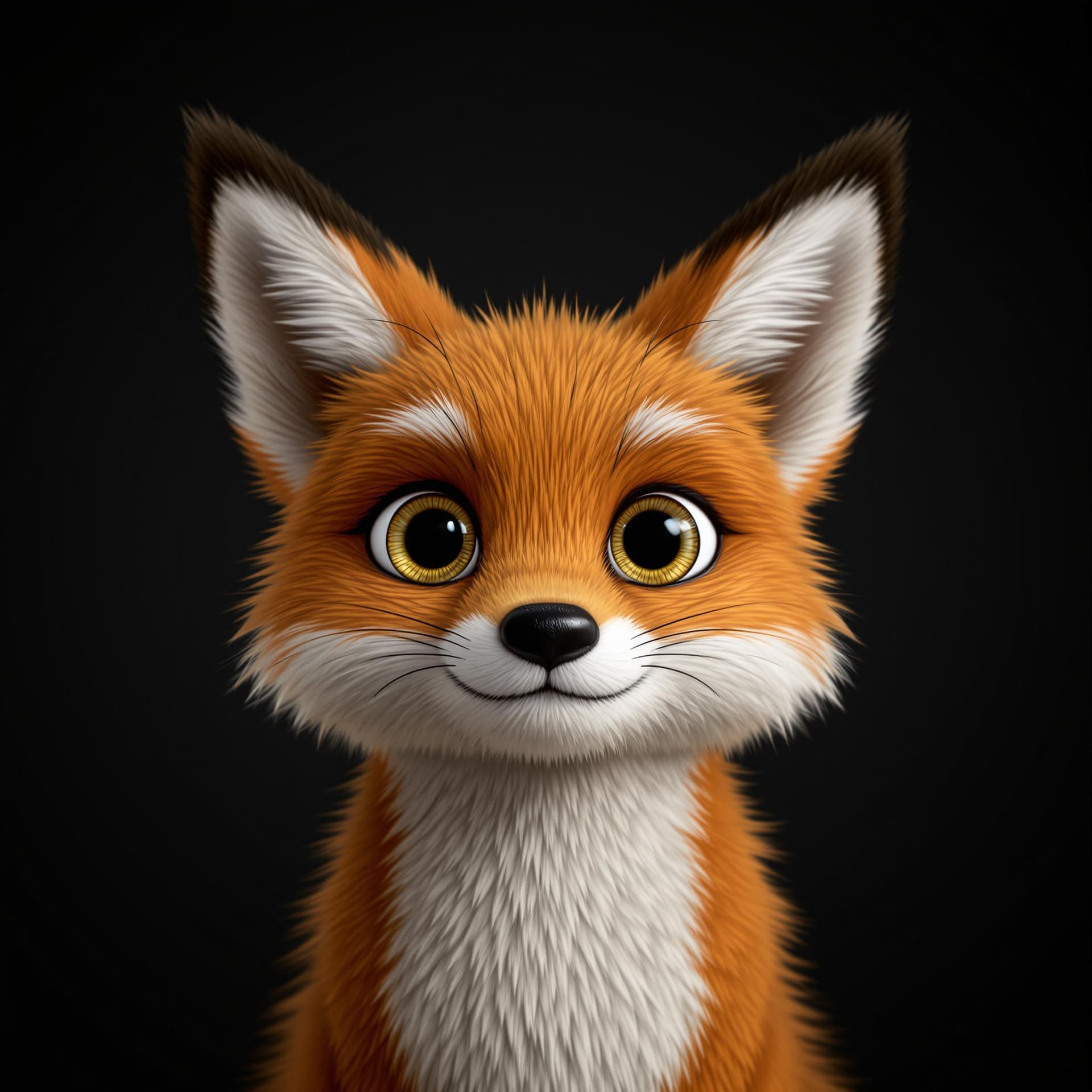 AI generated: 3D Portrait of a A cute and furry fox, big eyes, Dark Background setting, 8k