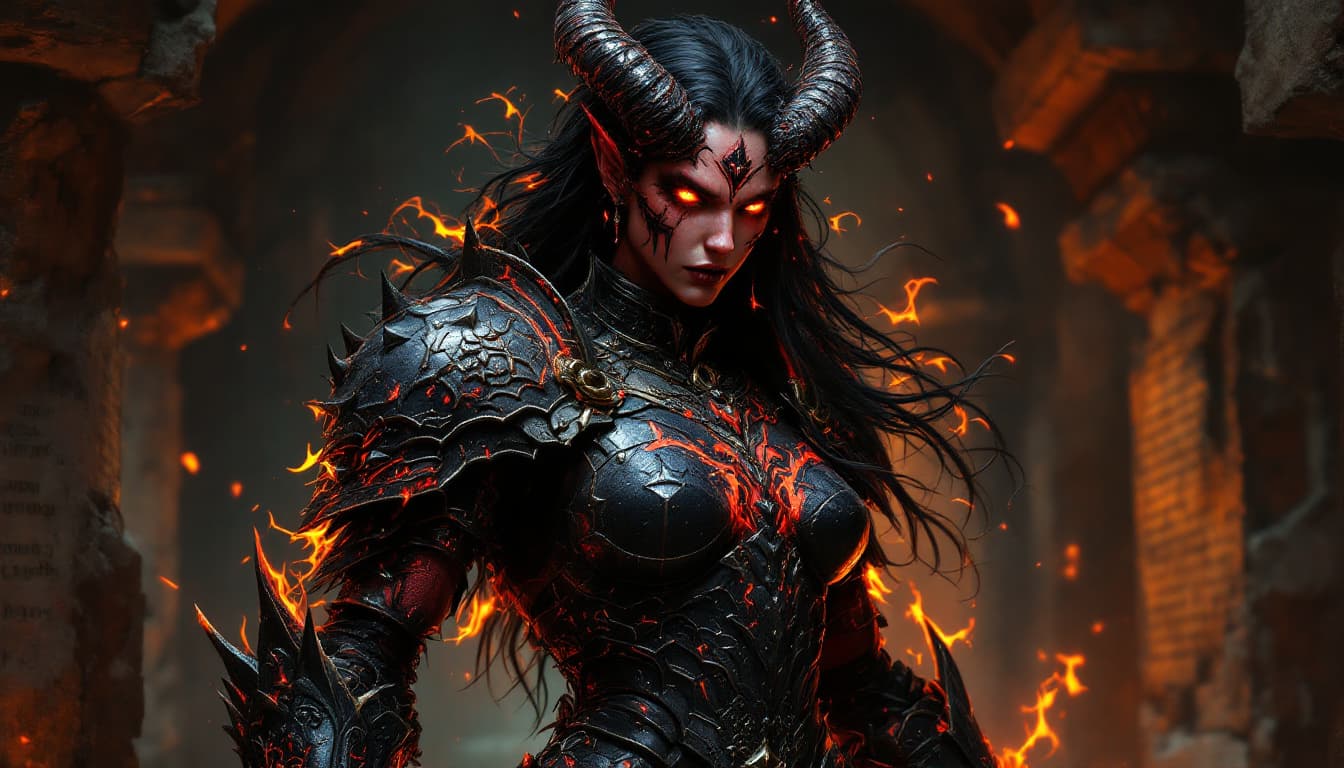 AI generated: An ultra-realistic, full-body portrait of a mesmerizing demon knight woman, her pose both powerful a...