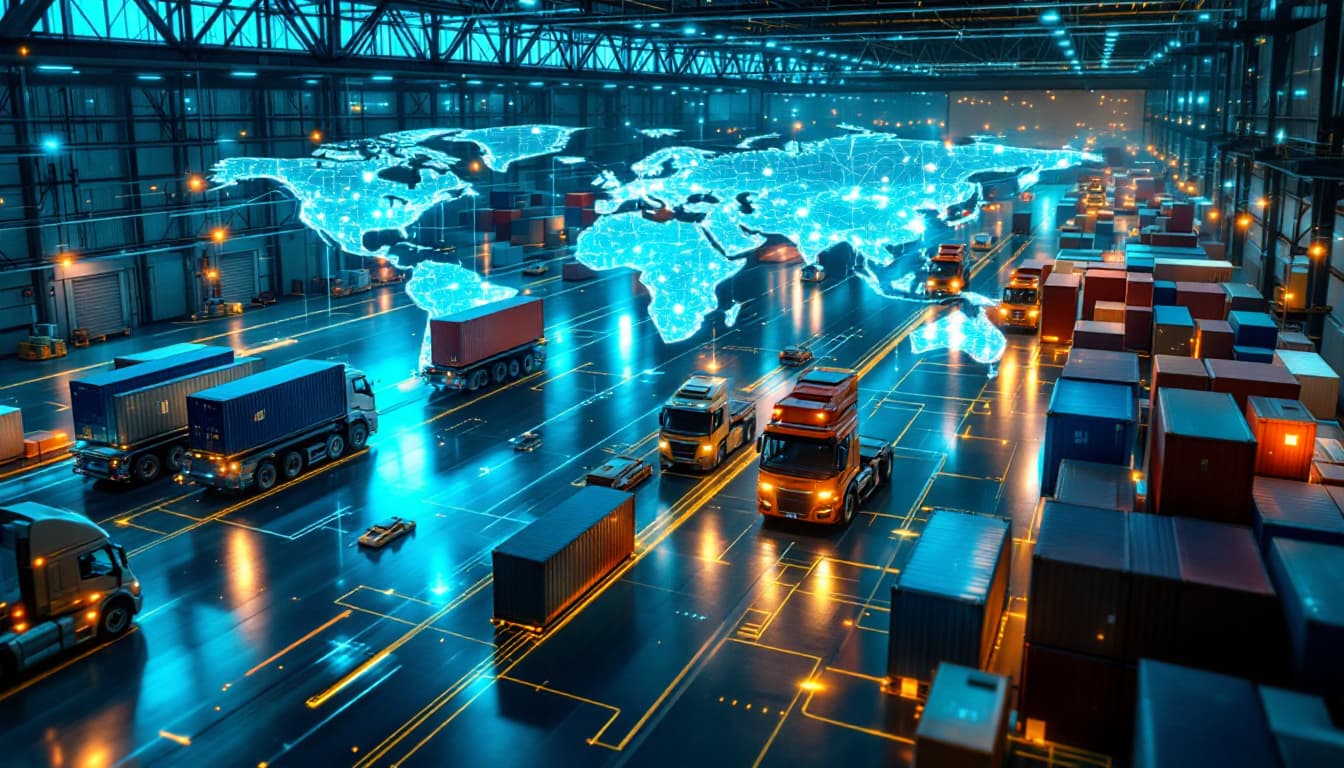 AI generated: /imagine prompt: AI-optimized global logistics hub, autonomous vehicles moving containers with milli...